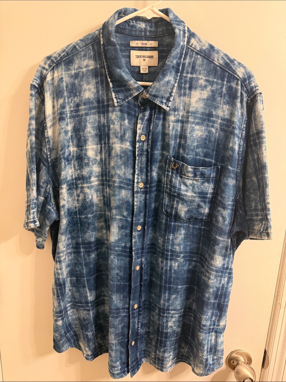 True Religion Men’s Blue Tie-Dye Short Sleeve Button-Down Shirt XL Slim Fit
